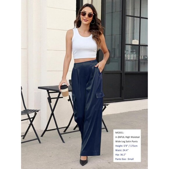 Stylish Navy Wide Leg Satin Pants for Women - Perfect for Day or Night - Picture 3 of 4